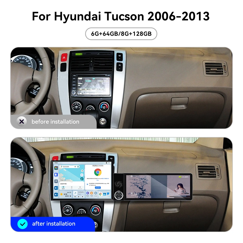 13.1+12.3 Dual Screen Android15 Car Radio For Hyundai Tucson 2006‑2013 8Core CPU Wireless CarPlay Android Auto GPS 360Panoramic
