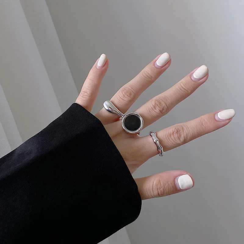 PANJBJ 925 Silver Geometric Black Dropwise Glaze Rings For Women Men Simple Korean Open Adjustable Handmade Jewelry Dropshipping