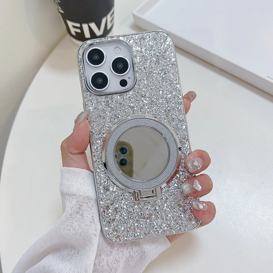 Glitter Magnetic Makeup Mirror Holder Case for iPhone 16 15 14 Plus 13 12 11 Pro Max Magsafe Wireless Charge Shiny Diamond Cover