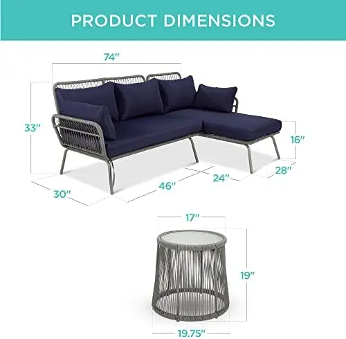 Outdoor L-Shaped Patio Sofa Set with Cushions, Lounger, Side Table - Gray/Navy