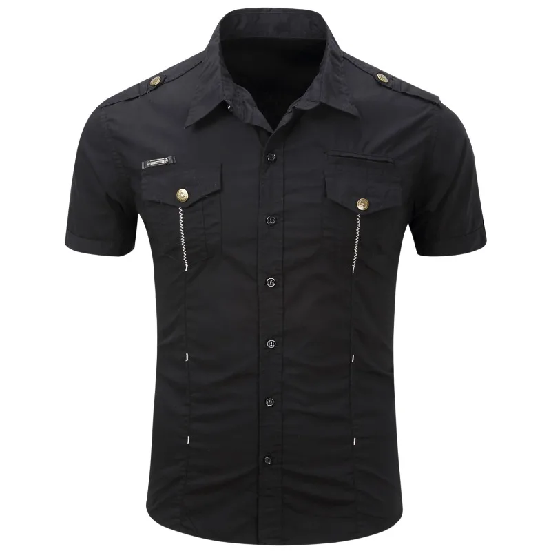 2025 Men's Casual 100% Cotton Military Tactical Shirt Summer Short Sleeve Solid Color Cargo Work Shirts with Pocket