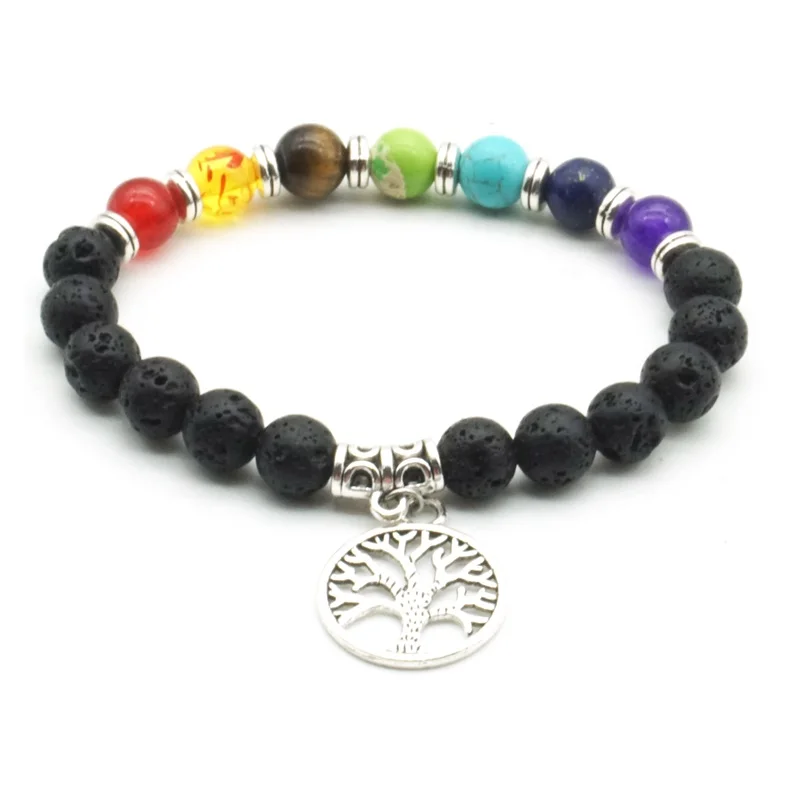 

10pcs 8mm Lava Stone Tree of Life 7 Chakra Healing Balance Beads Reiki Buddha Essential Oil Diffuser Bracelet Bangle Jewelry