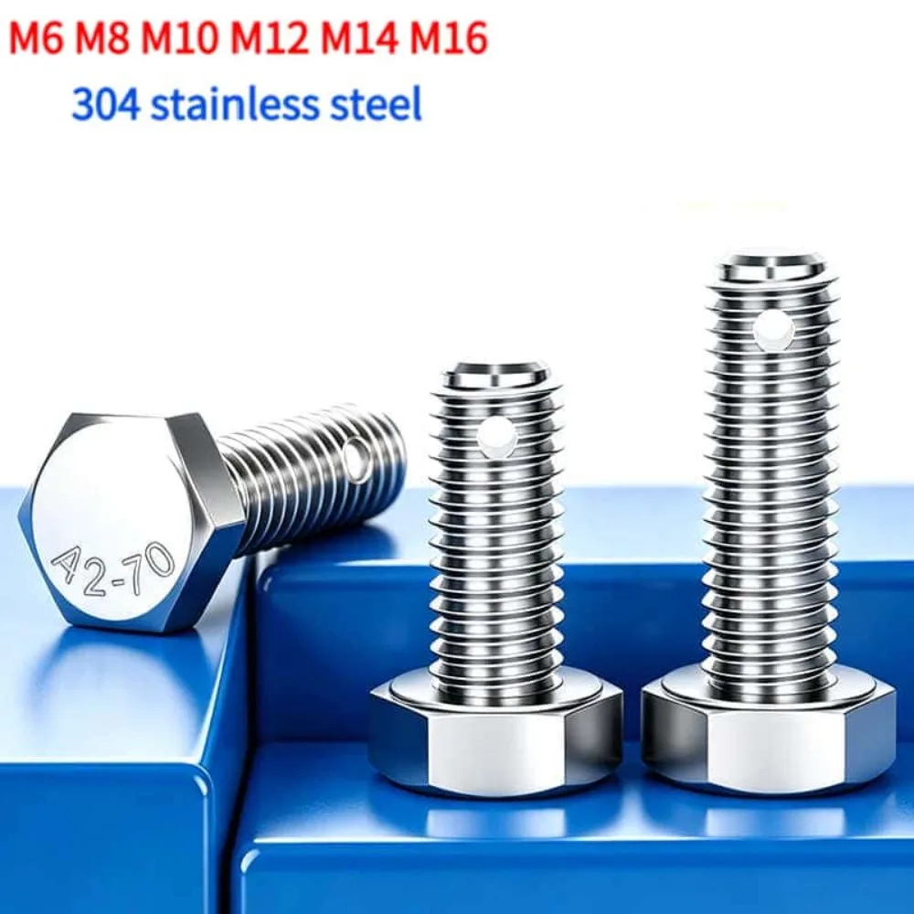 M6‑M16 GB31.1 304SS Hex Head Screw 1‑2Pcs, Tail Perforated Outer Hexagonal Bolt 20‑100mm Split Pin Hole Industrial Hardware