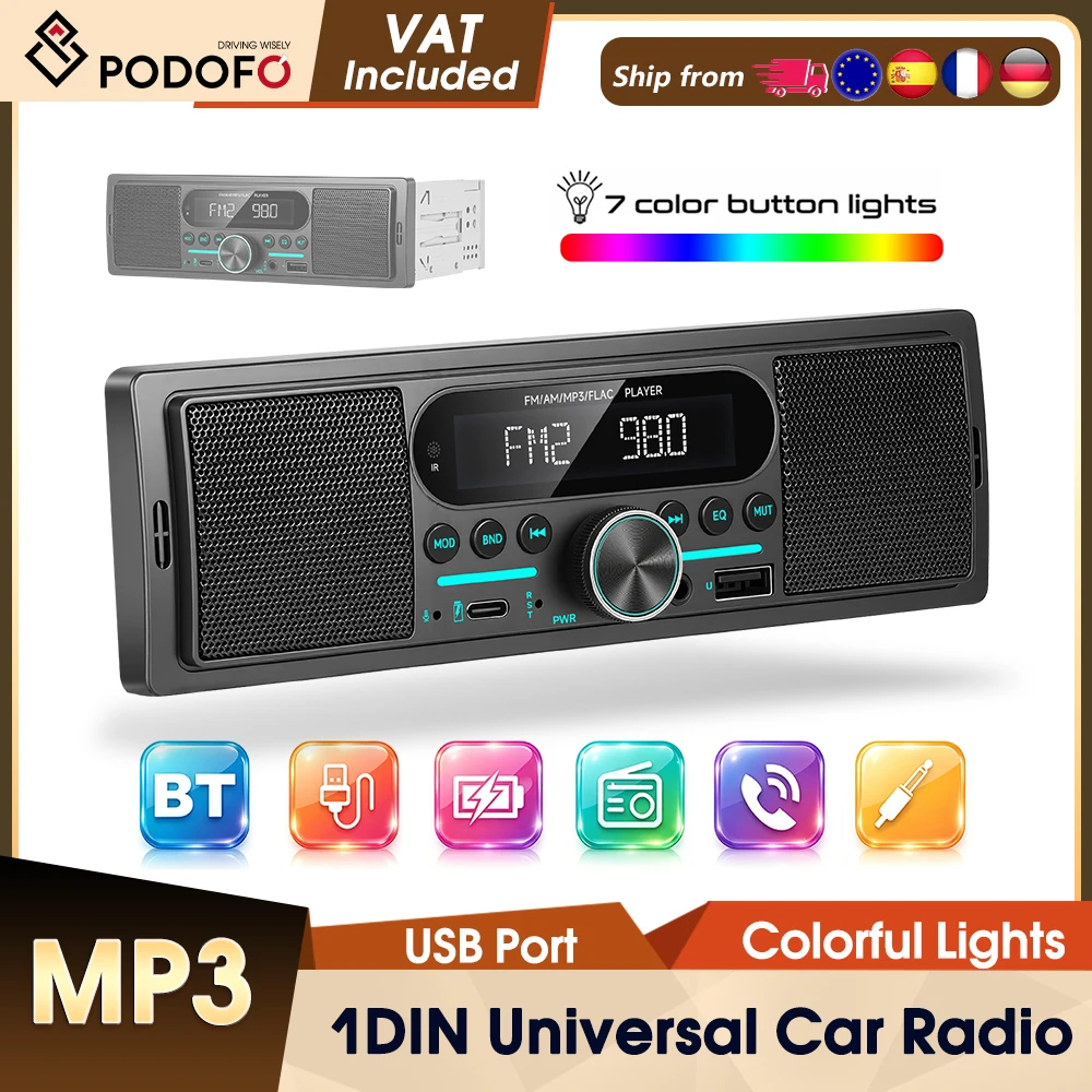 Podofo Samochodowy Odtwarzacz Multimedialny MP3 1DIN Radio Samochodowe Stereo Podwójny Bluetooth Odtwarzacz Samochodowy Radio USB SD AUX-IN FM AM EQ Radio Samochodowe Stereo Wyświetlacz LCD