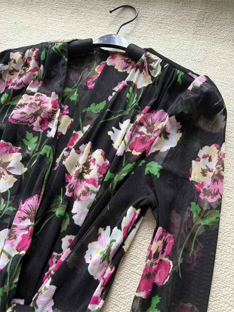 Romantic Floral Double-Sided Tulle Wrap Dr Women's Long Sve Knot Bodice Dr Faionable Ele Casual Sle