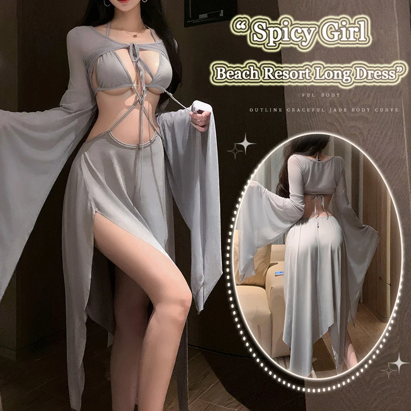

Sexy Gray Two-Piece Set For Women Strappy Long-Sleeved Spicy Girl Beach Resort Long Dress Elegant Auutmn Fashion Mini Dresses
