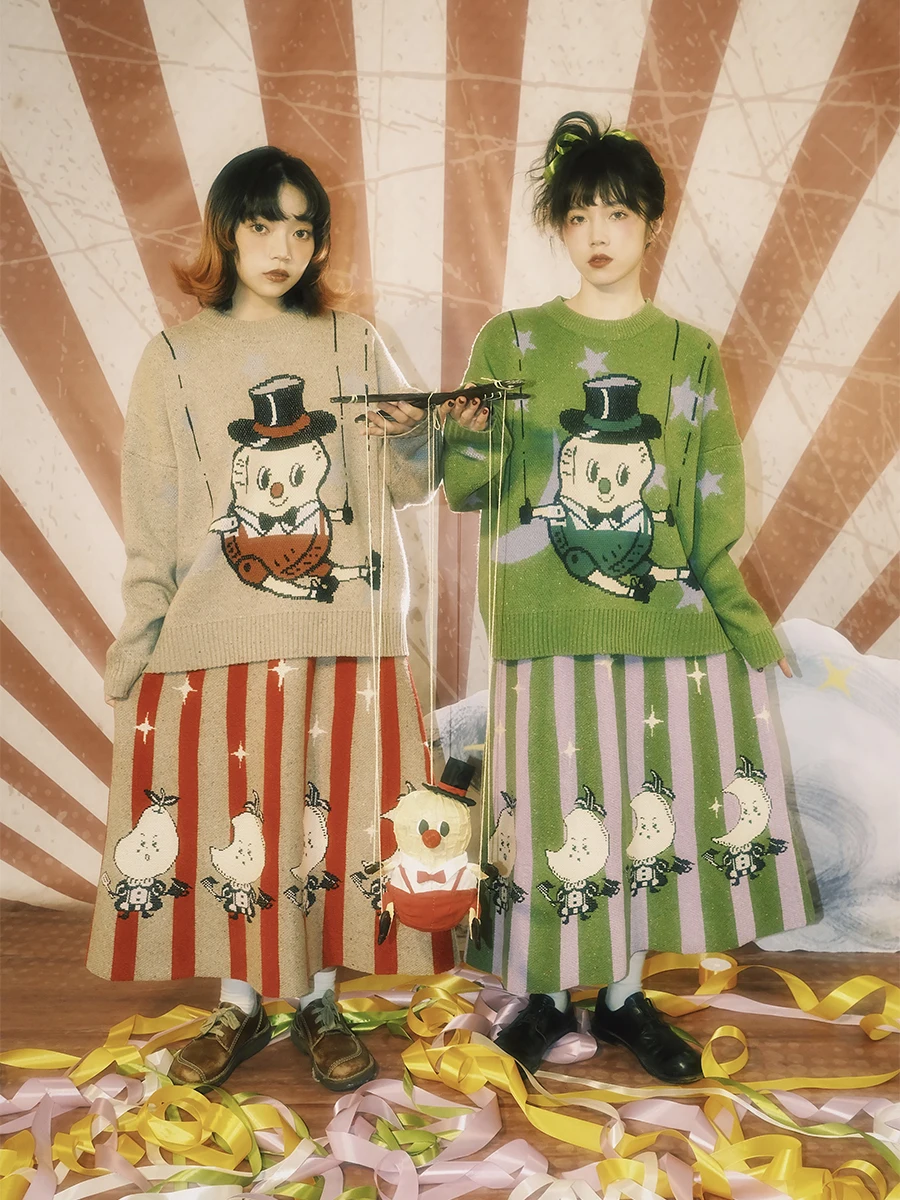 

Meugler Couple Knitted Sweater Fsy Circus Color Blo Retro Knit Sweet Sle Long Sve round Ne Sweater for Spring Au...