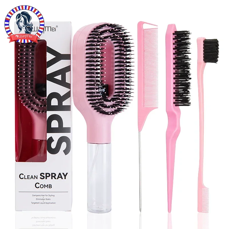 4-Piece 2-in-1 Detangling & Hydration Styling Set:Massage Comb Curved Rat Tail Comb Edge Control Brush - Perfect for Salon