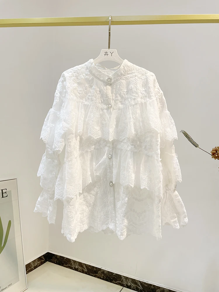 Large Size Loose Lace Ruffled Shirt Women's Spring Summer New High Quality Long Sleeve Embroidered Collar Pleated Commuter Top