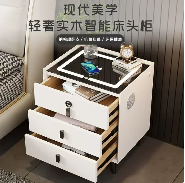 Smart Bedside Table with LED Light & Wireless Charging, Modern MDF Nightstand with USB Port & Fingerprint Lock