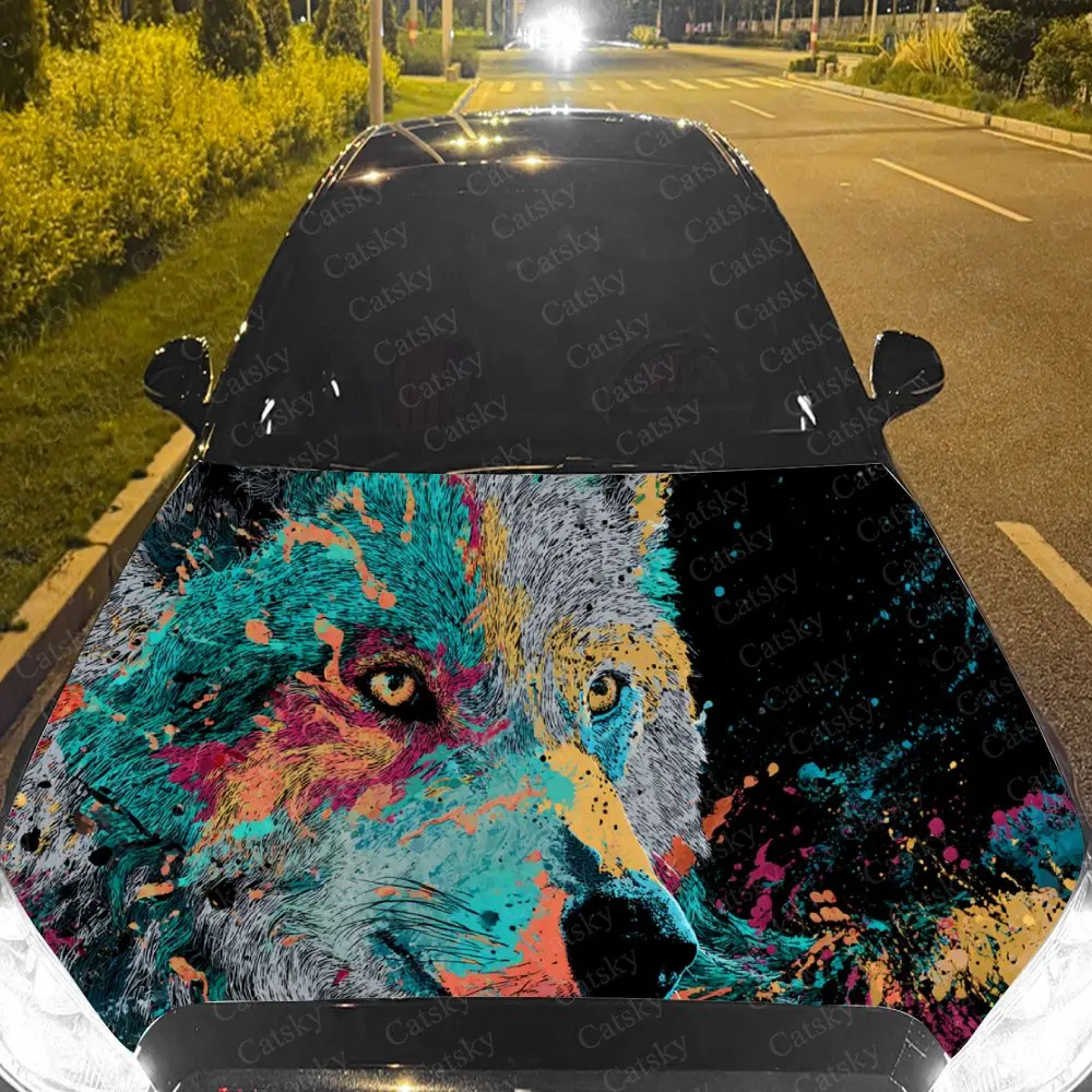 Car Decal Wildlife Art-Inspired Combination of Wolf and Multicolored Textural Elements Car Hood Sticker, Waterproof Self - Adhes