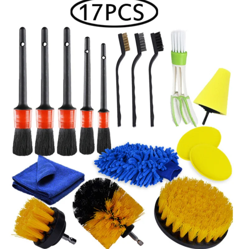 17pcs Detailing Brush Set Car Cleaning Brushes Power Scrubber Drill Brush For Car Leather Air Vents Rim Cleaning Dirt Dust Tools