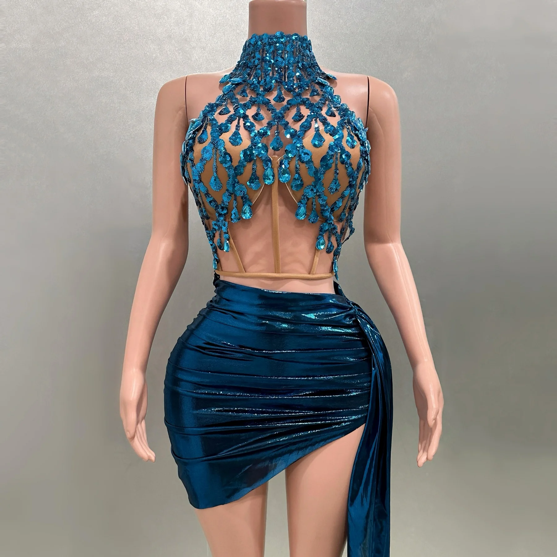 

Lake Blue Rhinestone Sequine Sexy See-Through Tops Sheath 2 Piece Set Evening Party Dress Bar Nightclub Singer Dancer Stage Wear