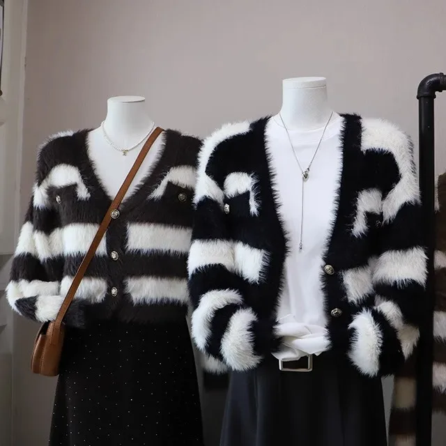 

Bla White Striped Knitted Sweater Women's ort Loose Faux Mink Coat Autumn Winter Small Size Lazy Soft Outerwear