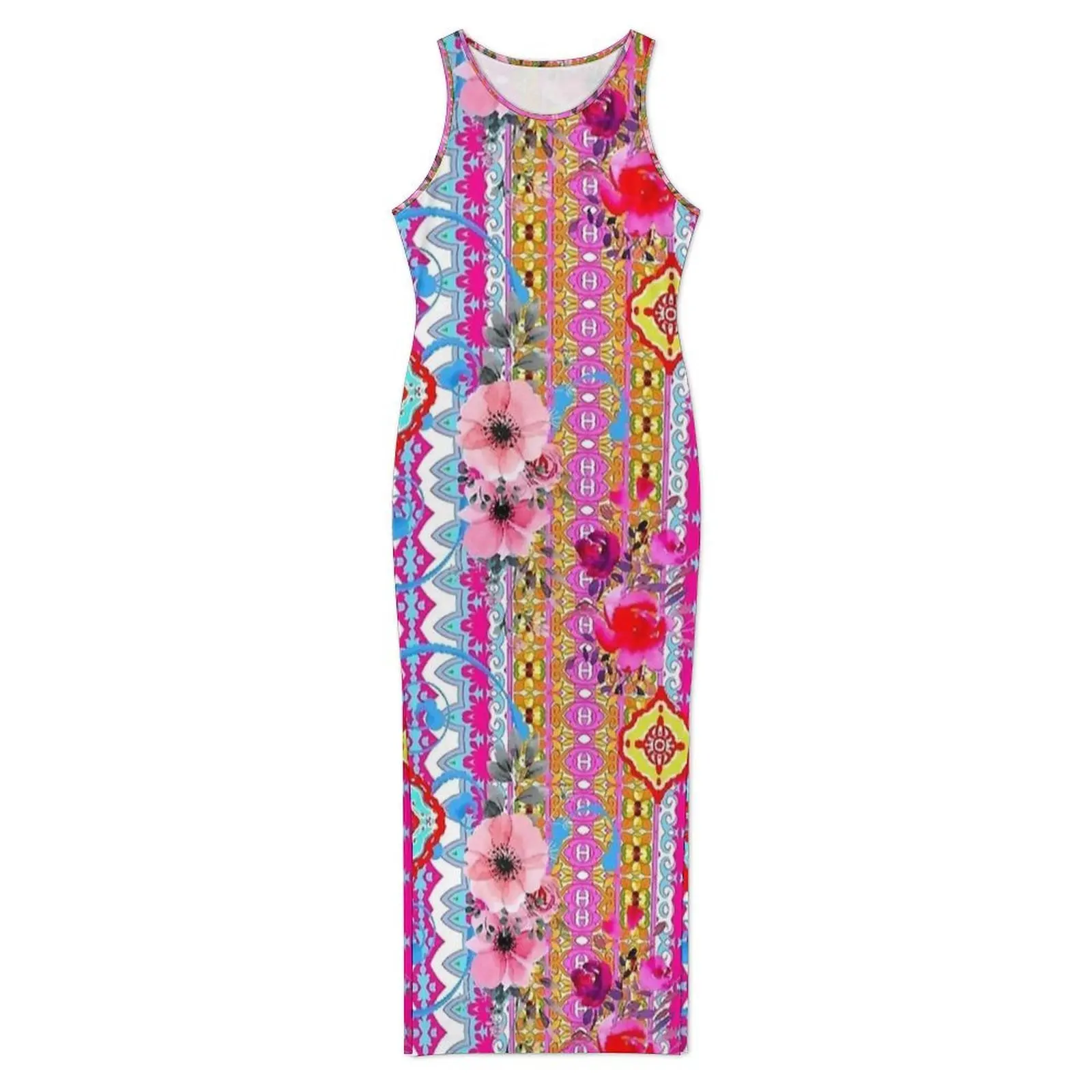 Female Floral Boho Strip Retro Print Dress Fashion Bodycon Dress Spring Sleeveless Vintage Maxi Dresses Design Oversize Vestidos