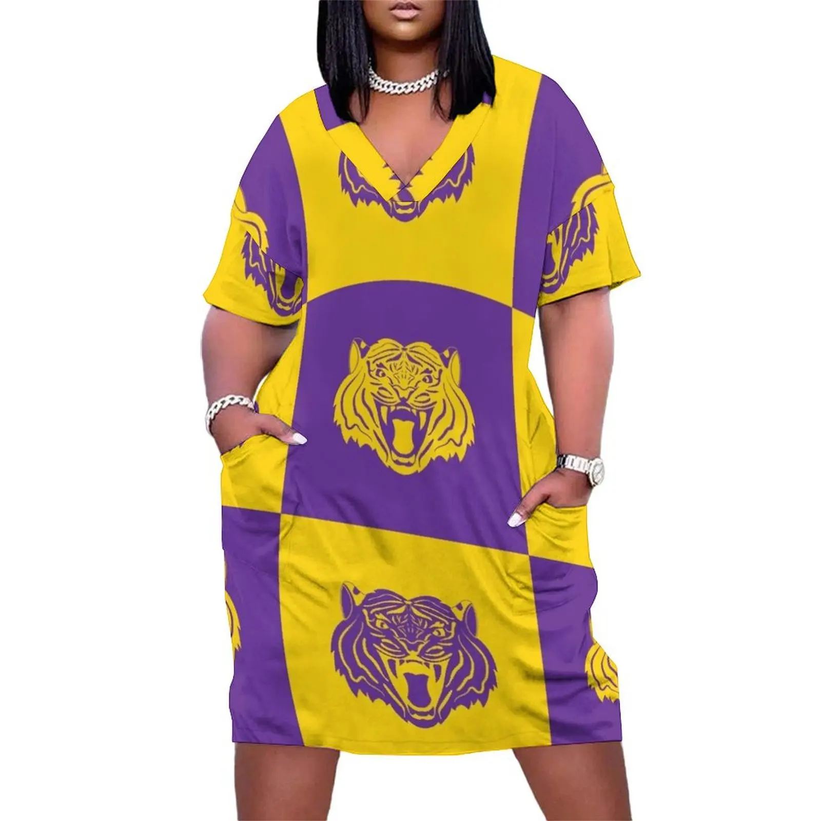 Purple and Gold Nine Tiger Cares Loose Pocket Dress Female clothing elegant party dresses for women 2025