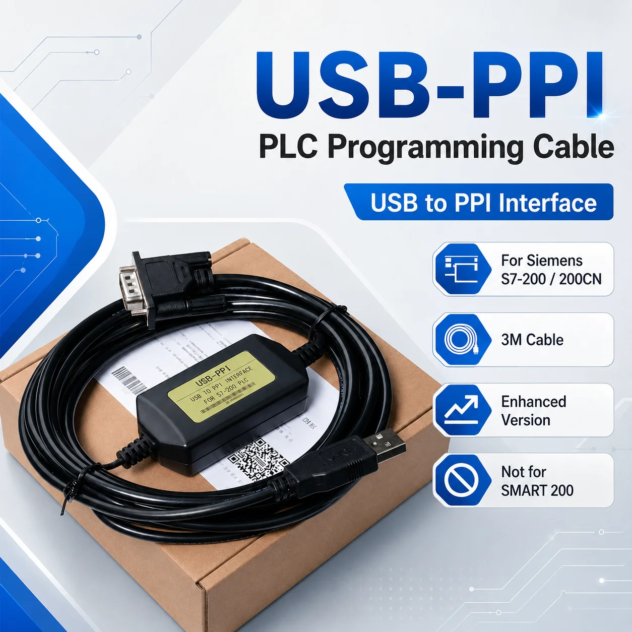 USB-PPI 3M PLC Programming Cable, USB to DB9 Download Lead for Siemens S7-200/200CN CPU221/222/224XP/226, Enhanced Version