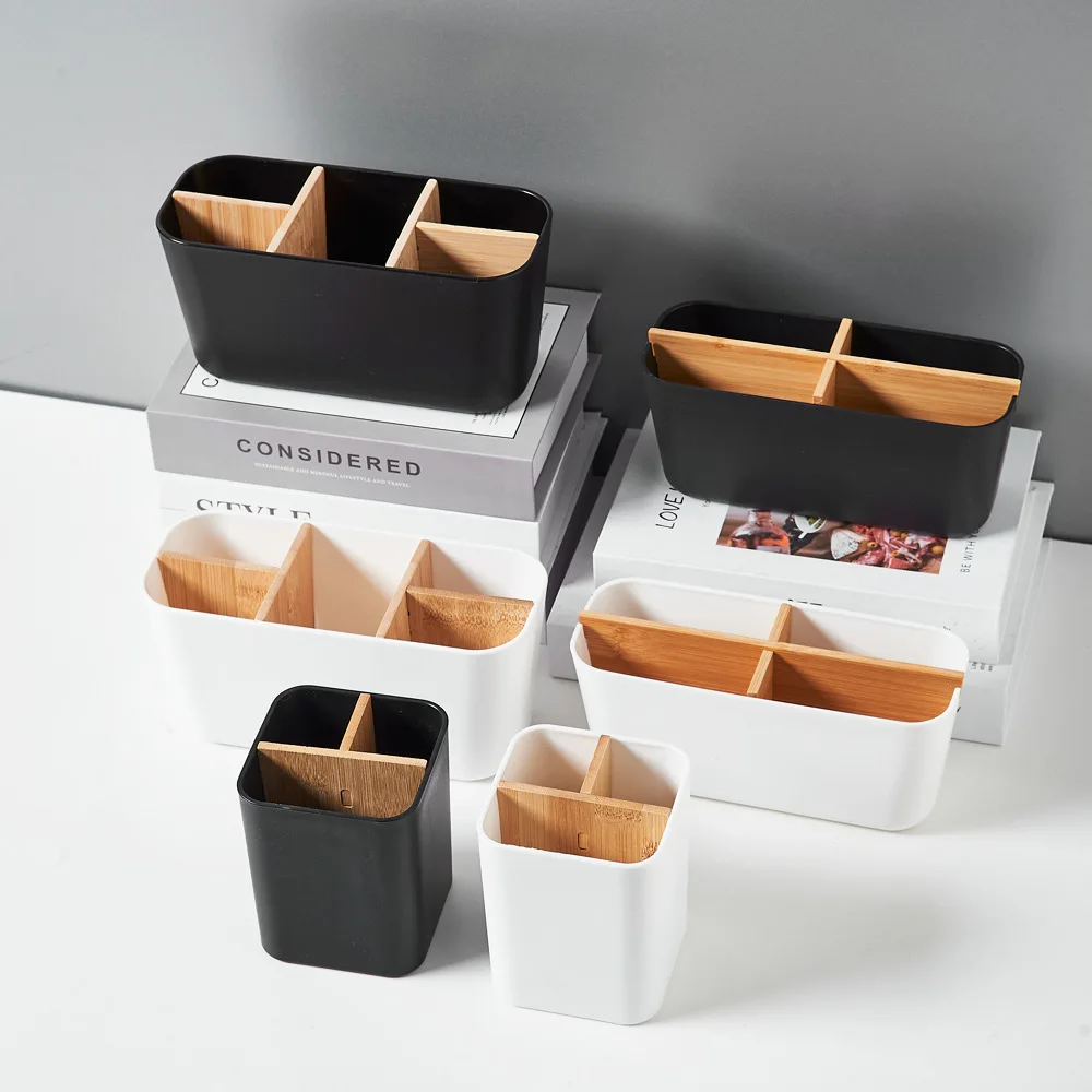 Removable Bamboo  Desktop Multi-grid Storage Box for Toothbrush Holder Makeup Brush Remote Control Debris Storage Box Dropship