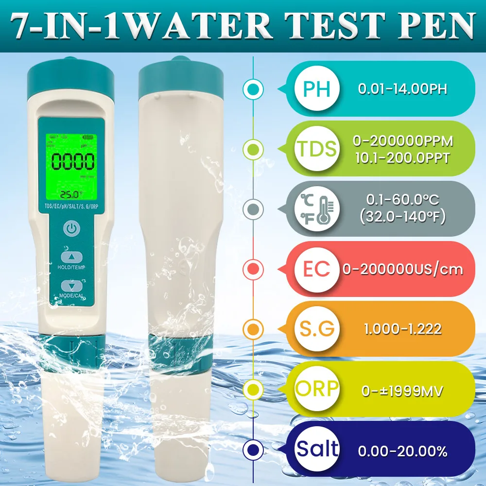 

Multifunctional Water Quality Detection Pen PH Measuring Instrument TDS TEMP EC Sensor Salinity SG ORP Detector