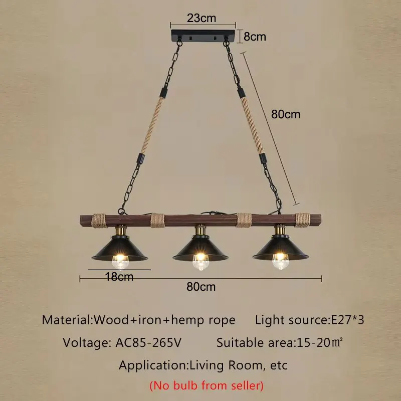 3 Heads Retro Long Solid Wood Chandeliers Industrial Style Hemp Rope Nostalgic Restaurant Lights Kitchen Cafe Bar Pendant Lamp