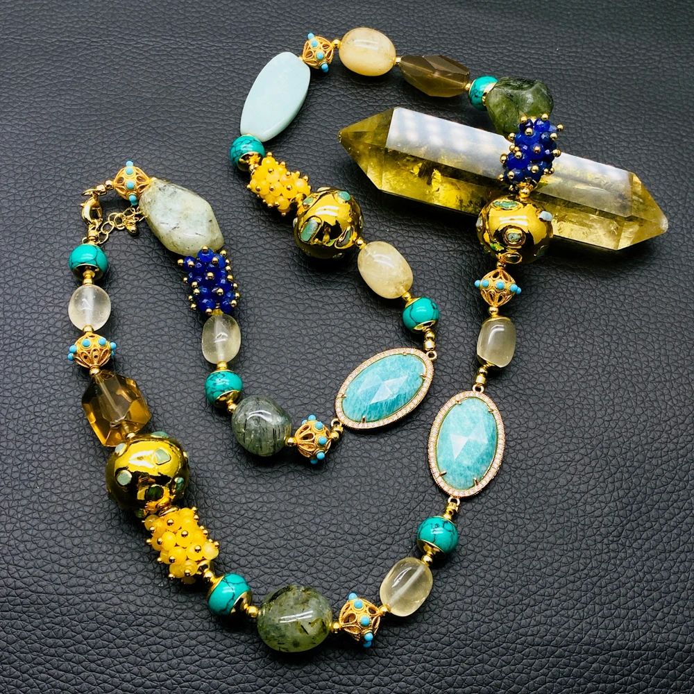 Y·YING Natural different gemstone different shape Statement Long Necklace