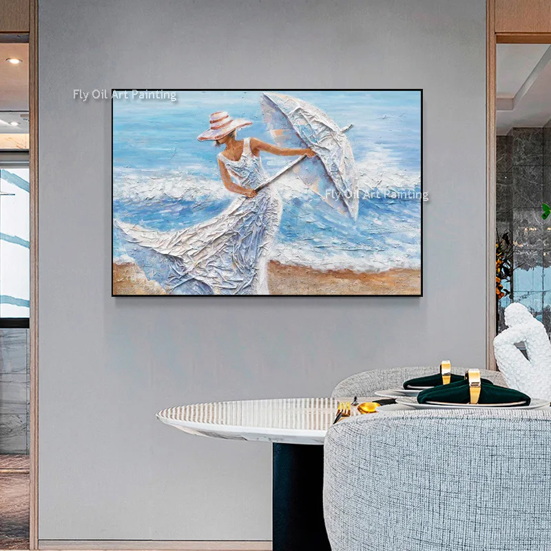 

Abstract Coastal Landscape Women Wear White Dress Oil Painting Hand Painted Woman With Umbrella Canvas Artwork For Home Decor