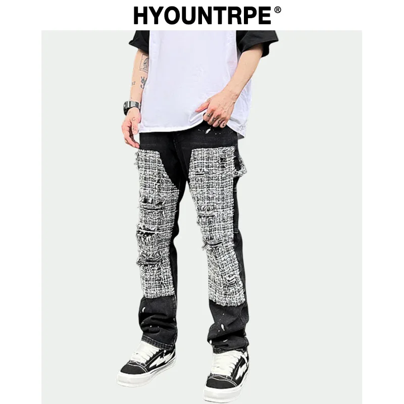 

Ripped Holes Patchwork Denim Jeans Mens High-street Zipper Straight Jeans Hip Hop Streetwear Casual Loose Joggers Jeans Pants