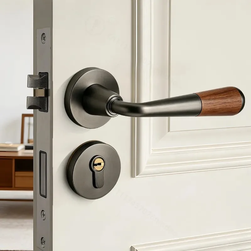American Walnut Bedroom Door Lock Indoor Magnetic Suction Silent Split Handle Retro Home Room Door Knob