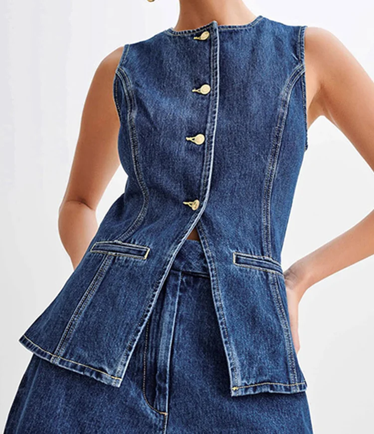 Denim 2-piece Women's Fashion Slim-fit O-collar Sleeveless Single-breasted Vest Wide Leg Shorts New Women's Summer 2024