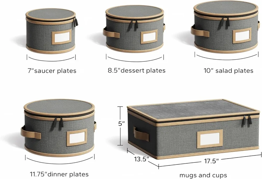 5-Piece Hard Shell China Storage Set for Plates & Mugs, Gray with Brown Edging - view 6