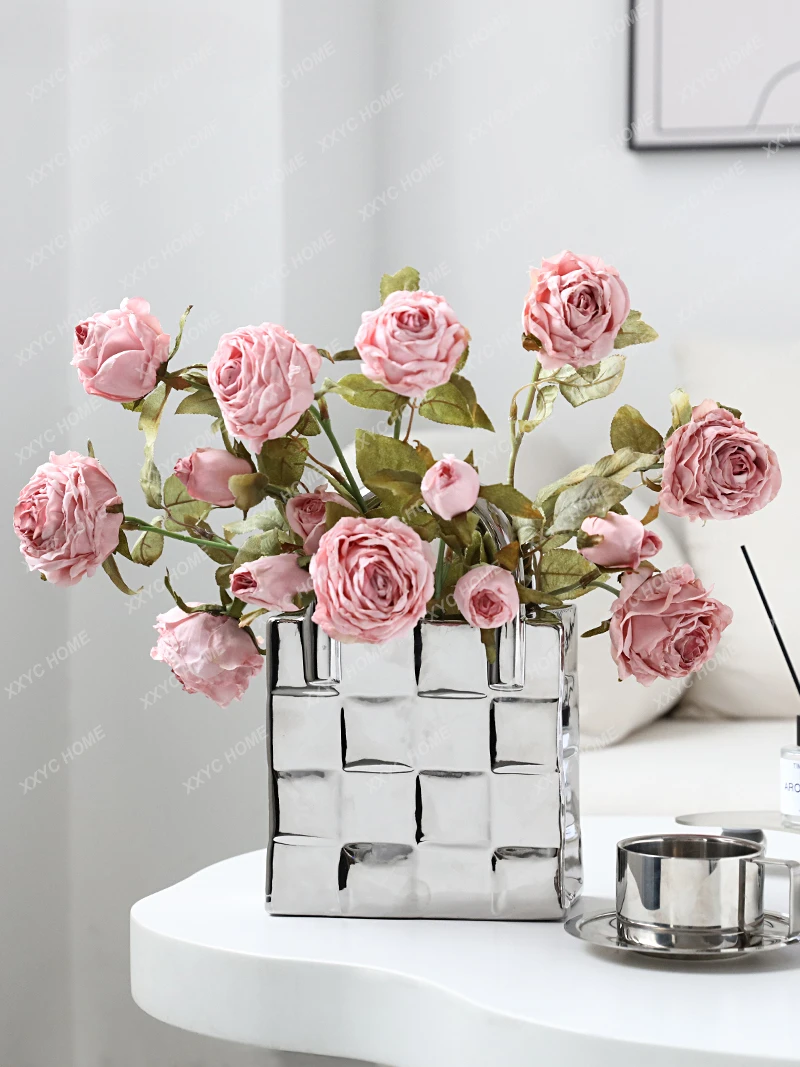 Electroplated Silver Handbags Ceramic Vase Decoration Living Room Flower Arrangement Fake Flower Decoration