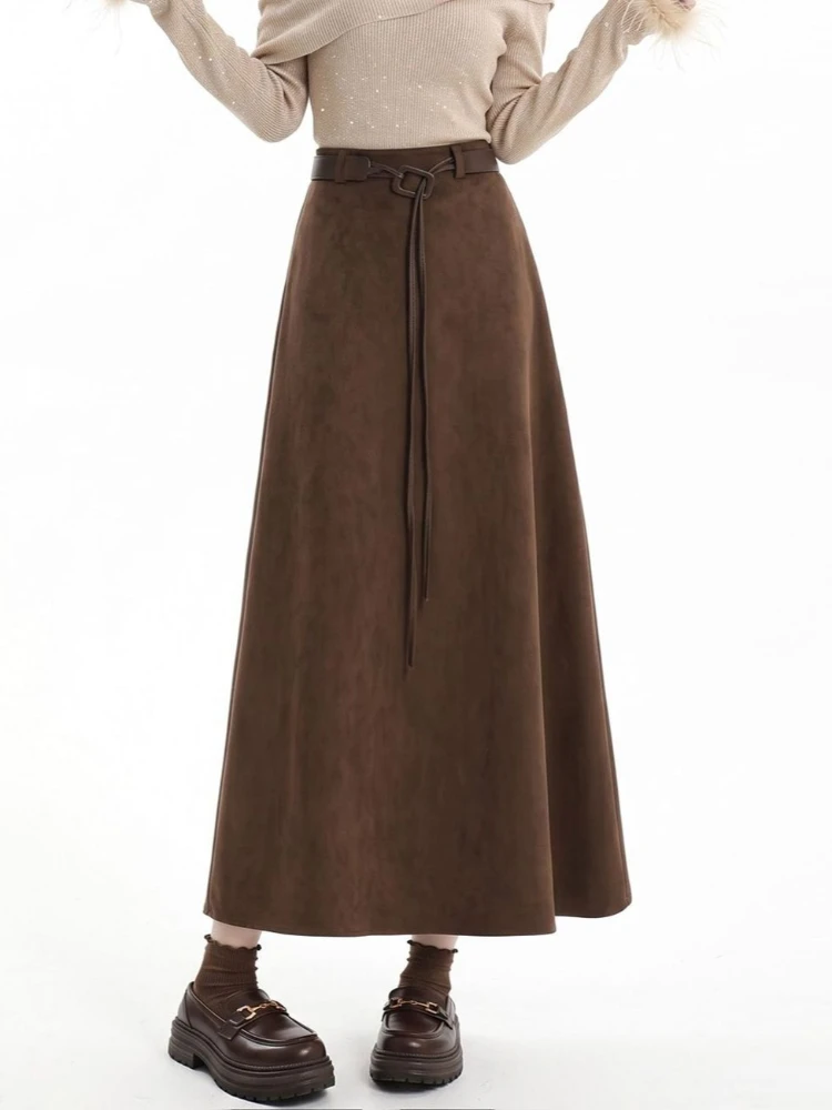 Retro Women's Skirt Solid Soft Autumn and Winter Thickened Long Skirts for Women Drawstring High Waist Fashion Long Skirt Women