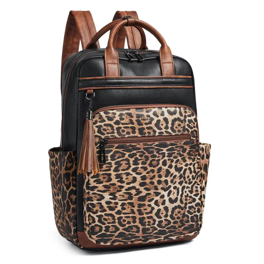 

Laptop Backpack for Women 15.6 inch Travel Leather Backpack Purse Work Computer Backpacks for Business College Black With Leopar