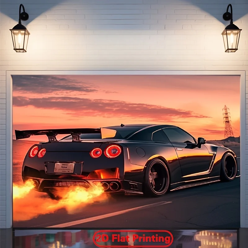 Dramatic Sunset Sports Car Wall Tapestry Art Lowrider Muscle Car Garage Automotive Decor Aesthetic Print Hanging