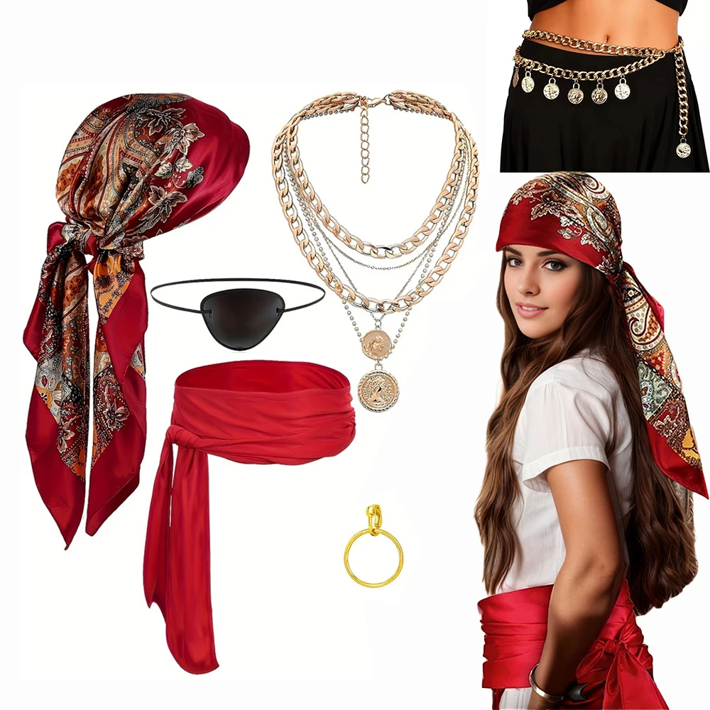Pirate Costume Accessory Set for Halloween Dance Parties and Cosplay Headscarf Waist Chain Necklace and Belt Eye Mask Set