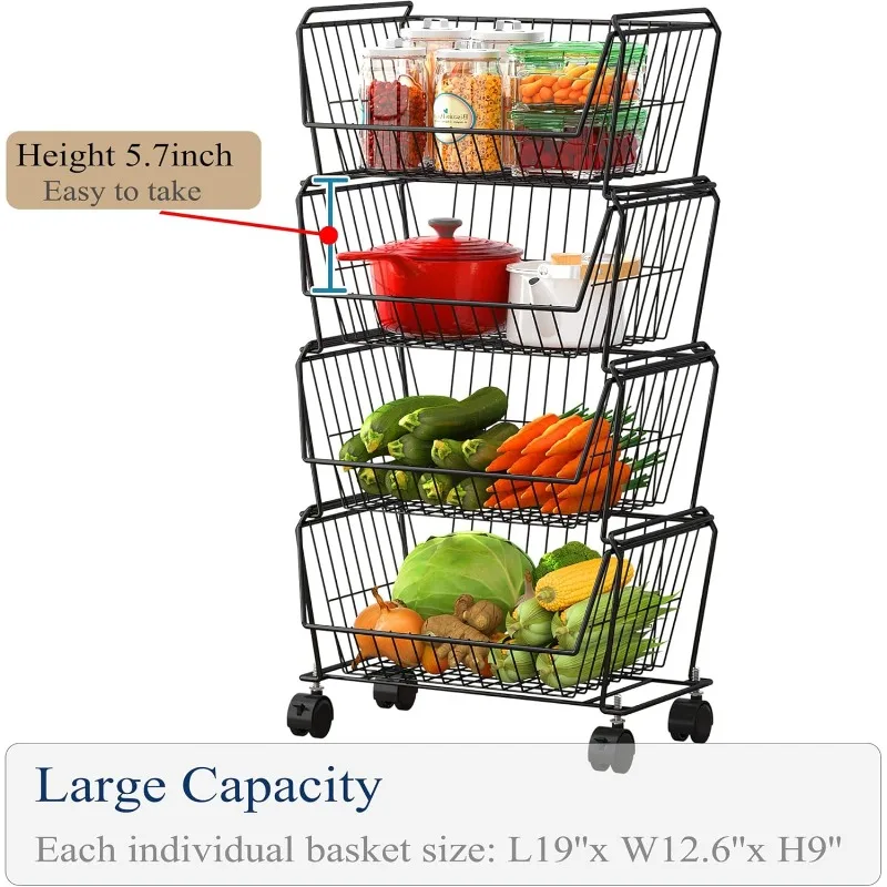 4-Tier Stackable Metal Storage Baskets, Anti-Rust Fruit Vegetable Rack, Dual Use Shelf for Kitchen, Home & Office, Black