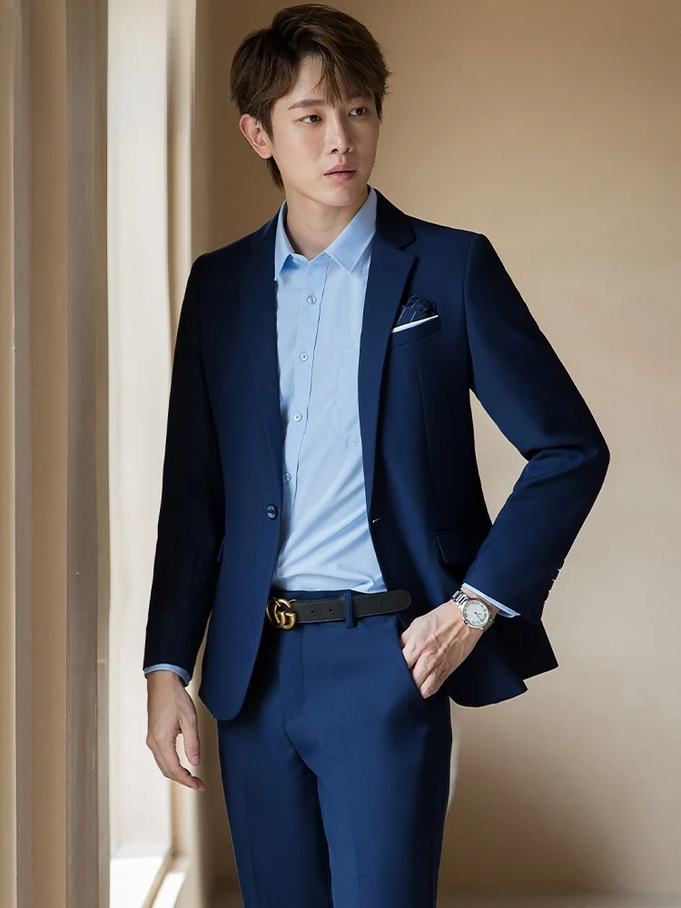 ชุดสูทแขนยาวสีน้ำเงินสำหรับผู้หญิงและผู้ชาย รุ่นใหม่สำหรับฤดูใบไม้ร่วง ชุดทำงาน ผลิตจากโพลีเอสเตอร์และเส้นใยวิสโคส