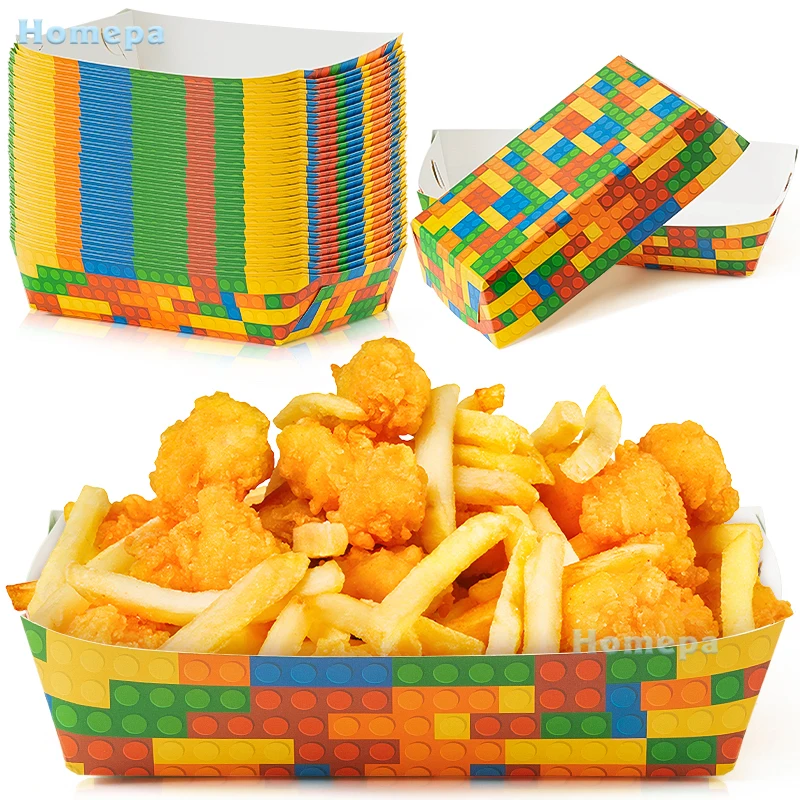 

50Pcs Kwanzaa Building Block Paper Food Trays Black History Month Popcorn Plate Nachos Chips Candy Boat Box Party Fairs Tasting