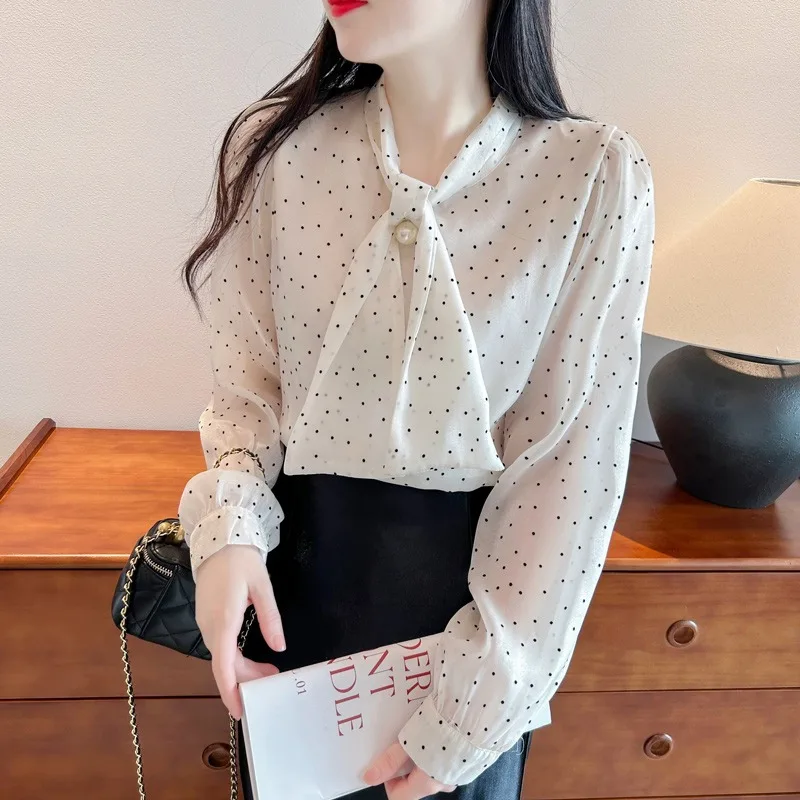 Polka Dot Parel Blouse Vrouwen Franse Stijl Lente En Herfst 2024 Lange Mouwen Kantoor Lady Mode Basis Strik Pullover Tops Dames