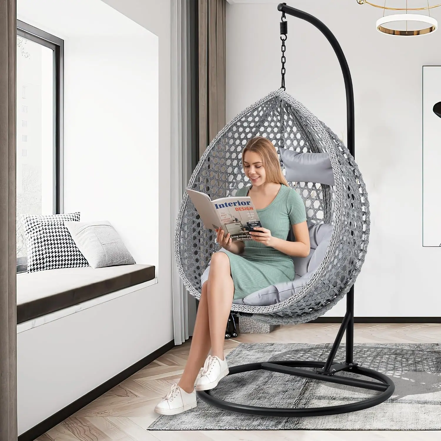 Egg Swing Chair With Stand & Cushions,Wicker Hanging Lounge Chair For Indoor Outdoor Patio Porch Balcony Bedroom,Customized