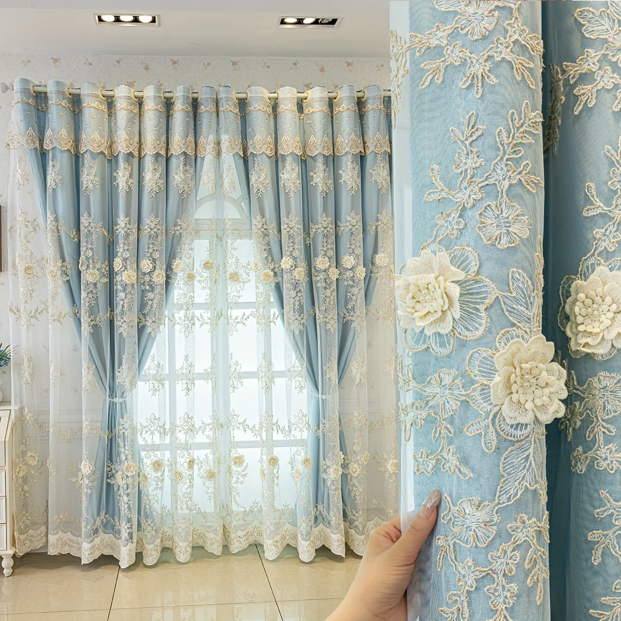 1pc Full Light Blocking Curtains, Double Layer Bedroom Insulation Sun Protection, Living Room Embroidered Floral Curtain