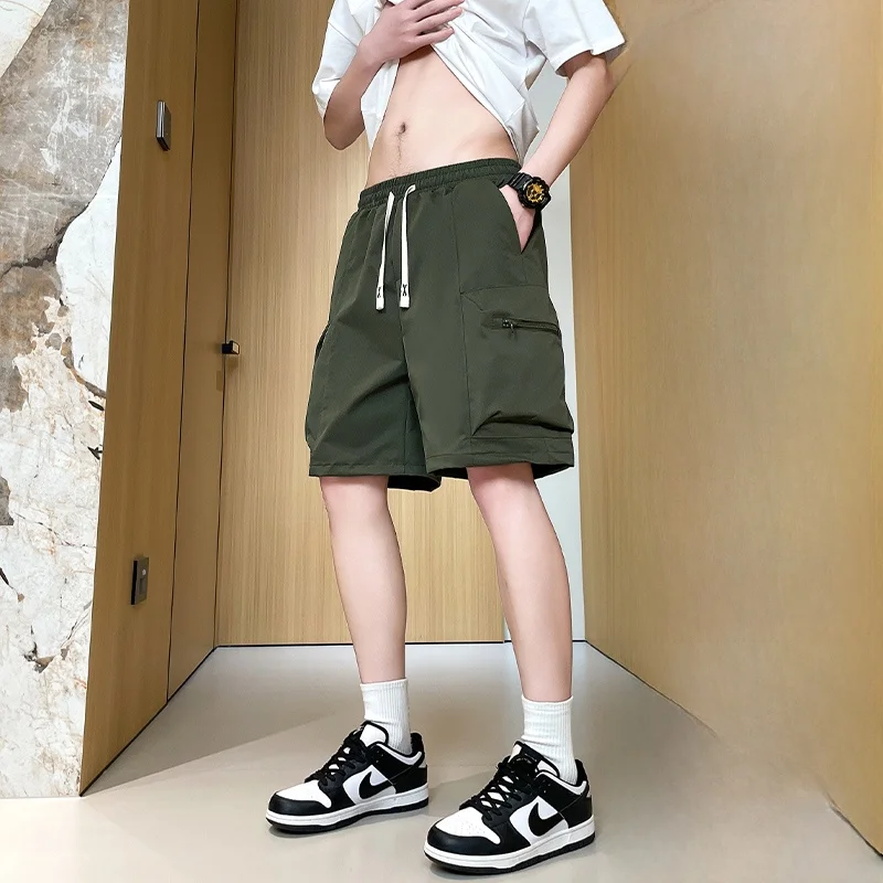 

Мужские летние спортивные брюки-капри из ледяного шелка с широкими штанинами, свободного кроя, с молниями и множеством карманов, в американском уличном стиле