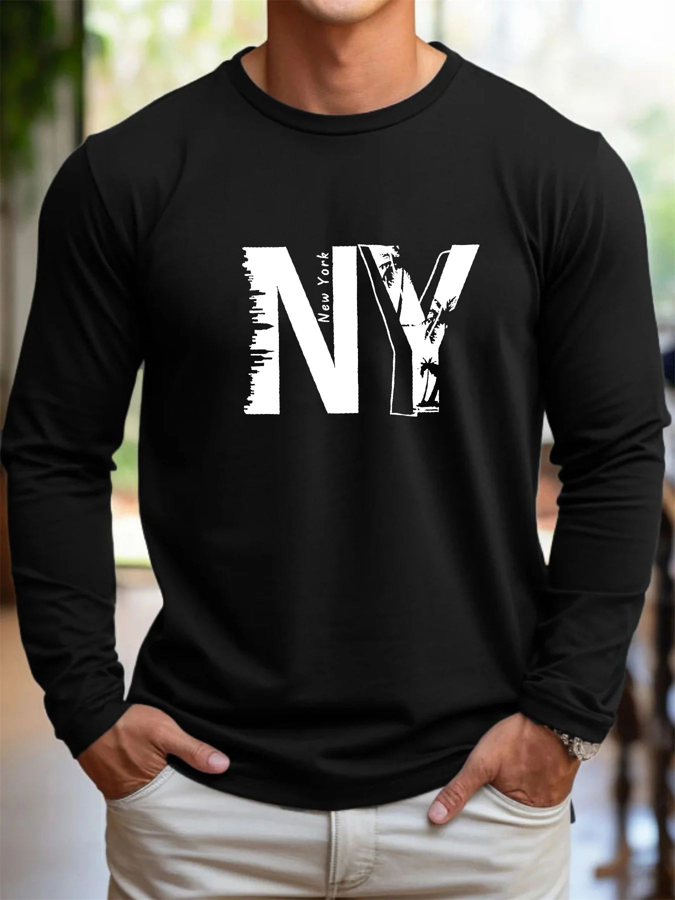 

100% pure cotton men's long sleeved round neck loose New York NY letter pattern printed spring and autumn versatile T-shirt top