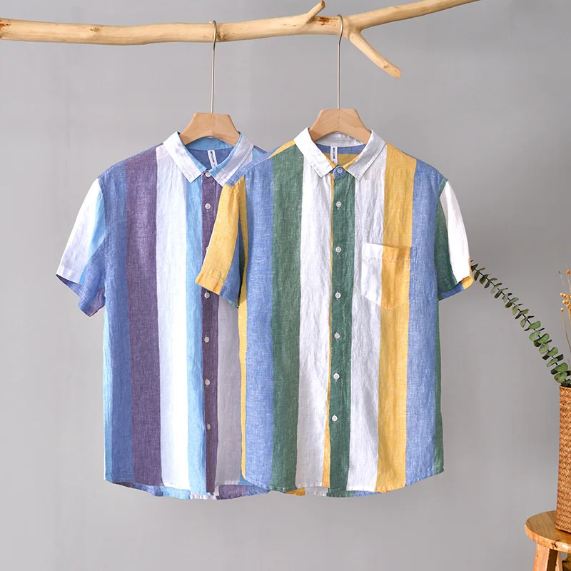 Summer Pure Linen Short Sleeve Striped Shirt For Men Hawaiian Casual Versatile Color Matching Thin Blouses Tops Male Clothing