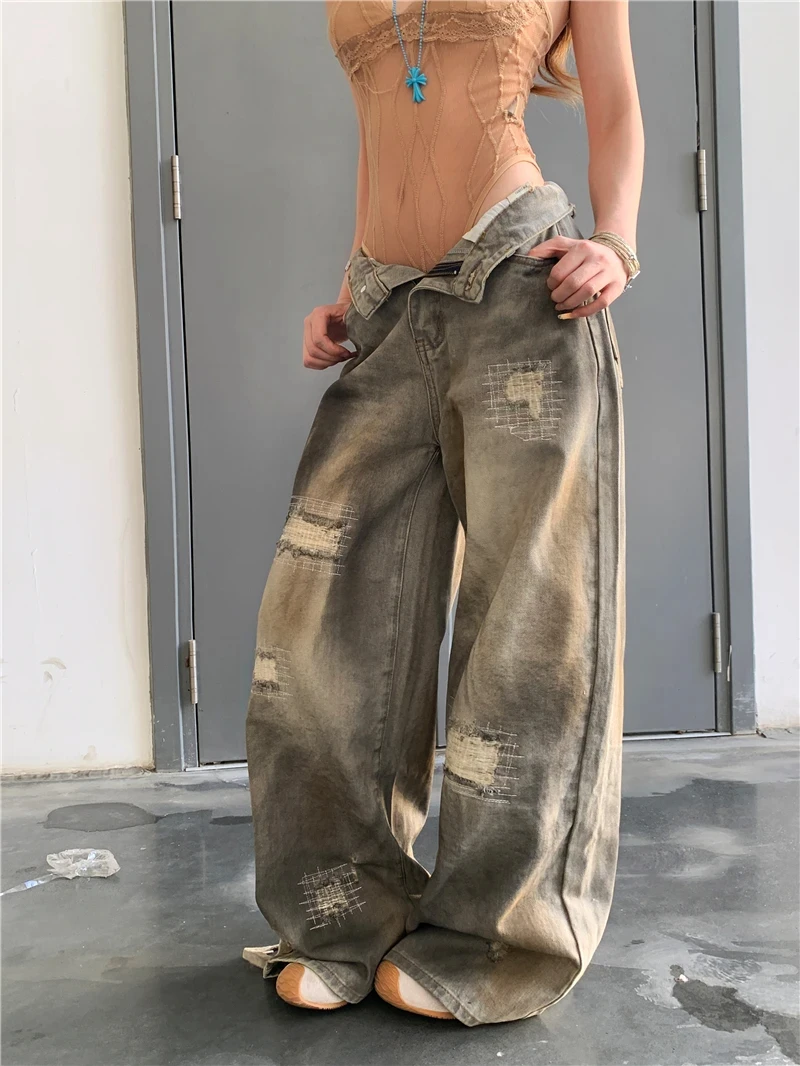 

Sexy Lace Strap Hollow out Bodysuit And Wide Leg Jeans Jeans Set for Women with Hole Design Loose Fit Denim Pants Two Piece Set