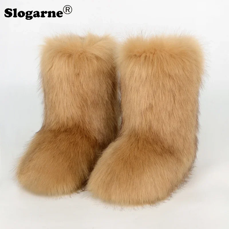 Ladies Sexy Faux Fox Fur Boots Women Fluffy Fur Snow Boots Female Winter Warm Plush Platform Shoes Furry Fur Bottes Luxury Boots