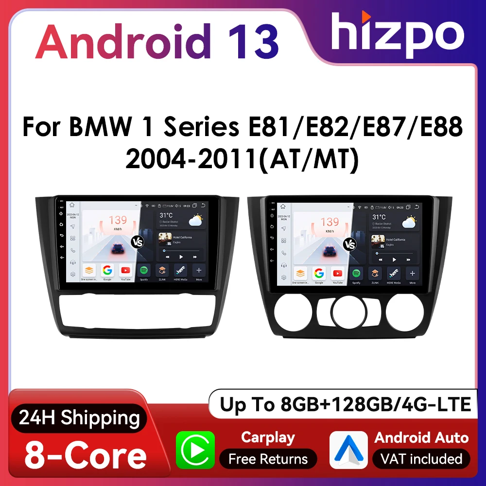 Hizpo 9inch 2Din Android13 Car Radio for BMW 1 Series E81 E82 E87 E88 AT MT Navigation GPS RDS DSP Android Auto CarPlay 360° CAM