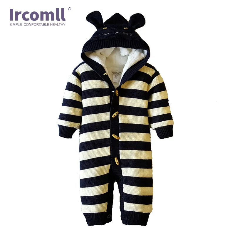 

Ircomll Thickened Warm Infant Baby Rompers Jumpsuit Inside Fleece Knitted Sweater Striped Overalls Children Outerwear Kids Snows