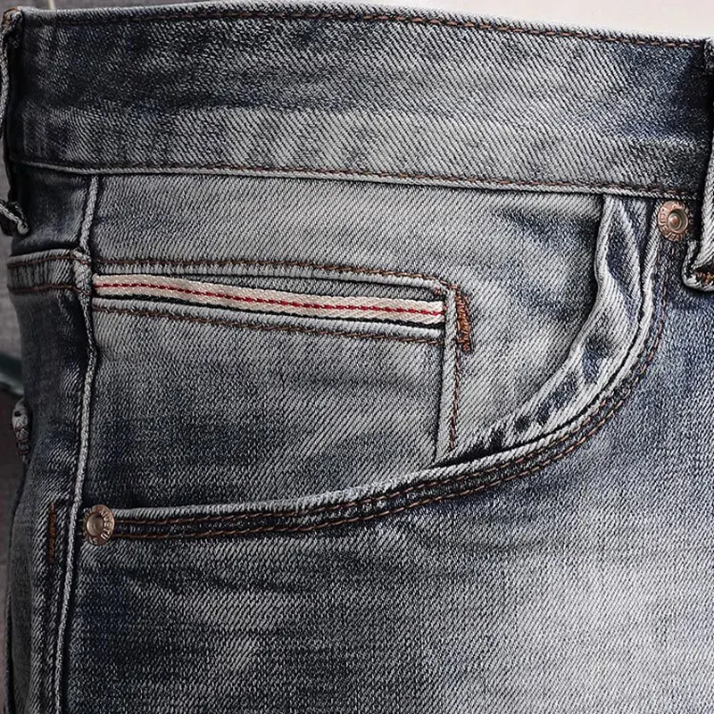 Fashion Designer Men Jeans High Quality Retro Washed Blue Stretch Slim Fit Ripped Jeans Men Trousers Vintage Denim Pants Hombre