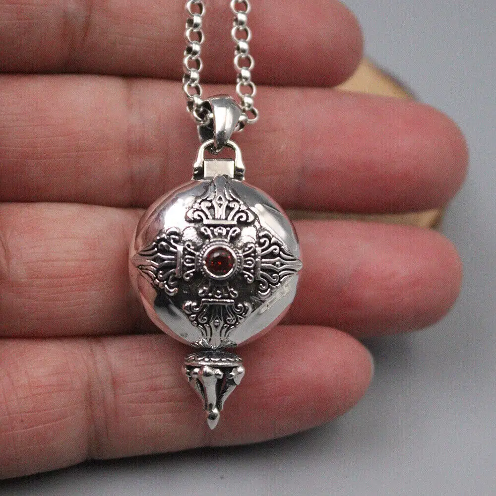 

Pure 925 Sterling Silver Vajra Pattern Pendant 1.77" H Rolo Link Chain 20"L